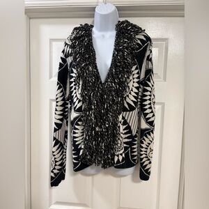 Chico's silk and cotton blend cardigan, sun pattern and a textured fringe collar